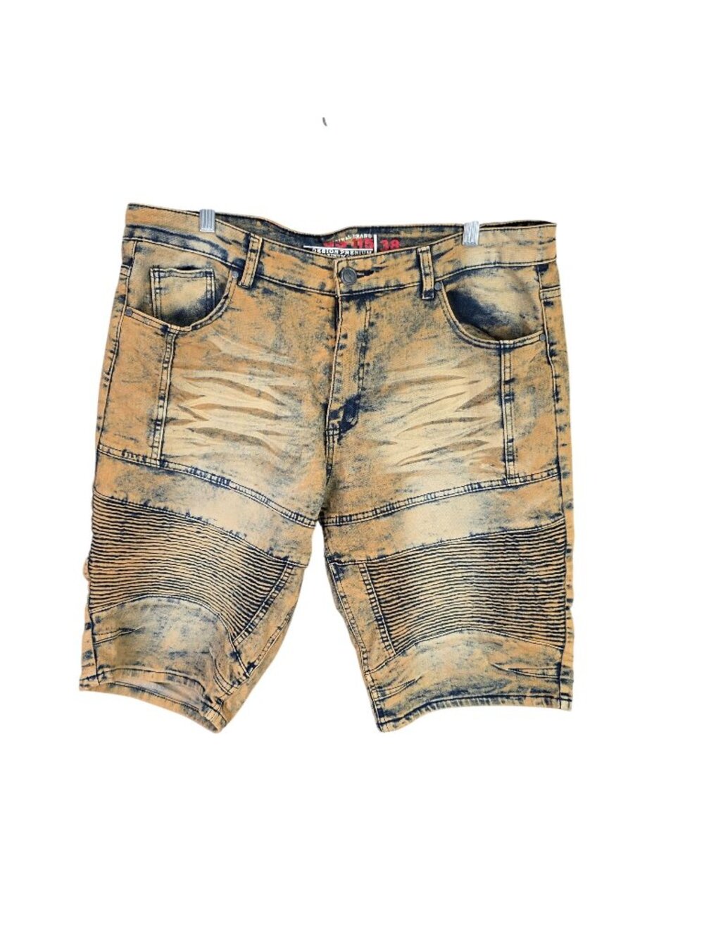 Mens GS-115 Distressed Tan & Blue Denim Shorts Ribbed Knee Panels Faded Wash 38